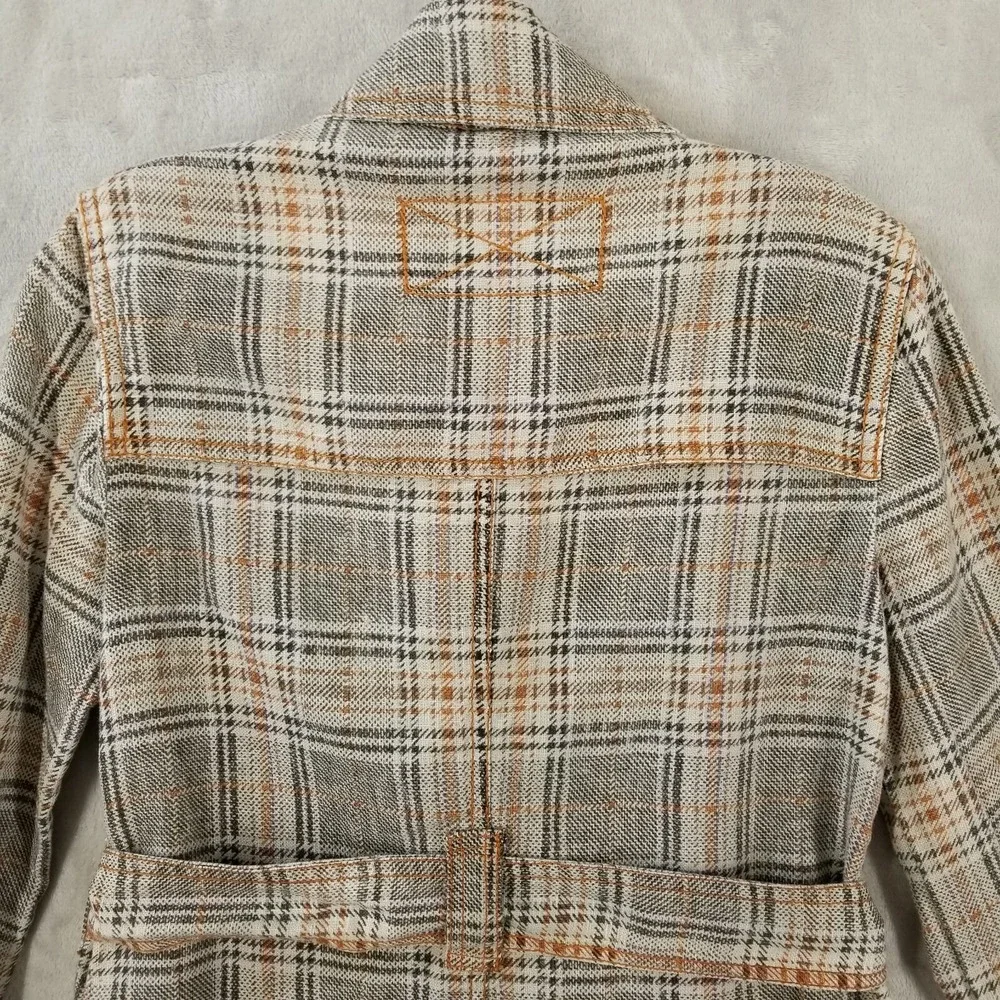 Fillmore Jacket Medium Brown Plaid 100% Linen Belted 70's Pockets Hippie‎ Retro